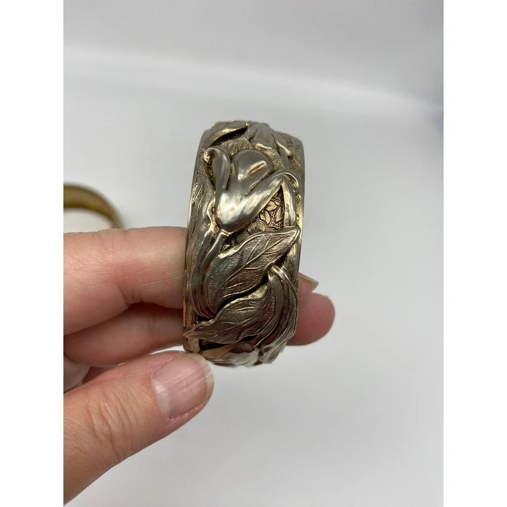 Set of 3 Vintage Boho Cuff Bracelets‎ Ornate Floral Leaf Gold Tone Silver Tone